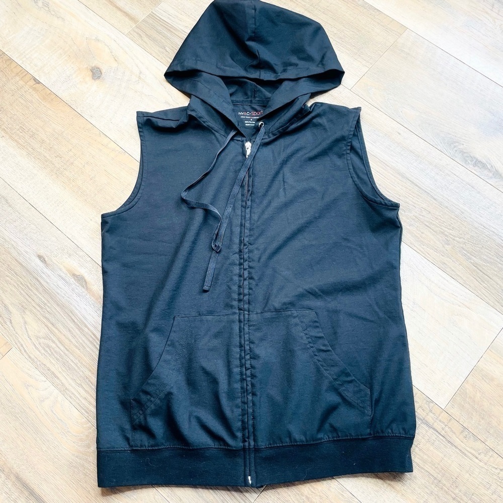 NEW York & Company Sport Black Sleeveless Zip Up Hooded Jacket Size Small